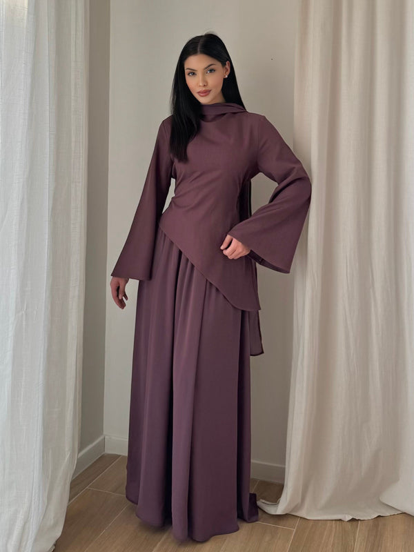 Noor Asymmetrical Top & Flowing Skirt – Black Purple And Beige