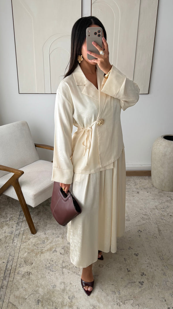 Serene jacquard Coord Set in Cream Color with Elegant Bow Detai