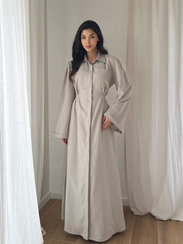 Amara Pinstripe Button-Front Maxi Dress in Stone